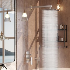 HomGoo Brushed Nickel Shower System, Shower Faucet Set with 12 Inch Rain Shower Head and Handheld, Wall Mounted High-Pressure Shower Head Combo Set with Shower Valve and Shower Trim, Brushed Nickel