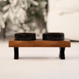 CHEERHOME PETS Raised Cat Ceramic Bowls for Small and Medium Dog, Solid Wooden Dog Food Bowl with Stand, Food Feeding Dishes Water Bowl for Cats and Puppy(Grilled Pine Wood)