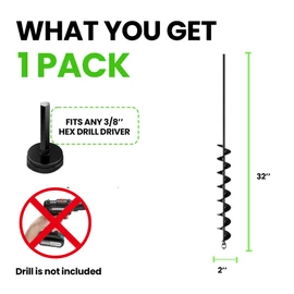 K-Brands Auger Drill Bit for Planting – 2 x 32 Inch -No Squat Garden Spiral Hole and Bulb Planter Tool for Umbrella Holes - Compatible with 3/8 Inch Hex Drive