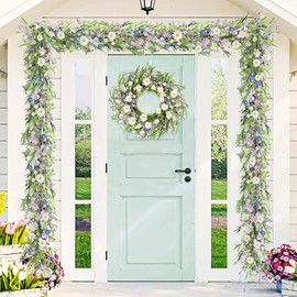 2PCS 6ft Spring/Summer Daisy Garland with Flowers, Faux Daisy and Lavender Flower Garland Artificial with Floral Lanvender for Baby Shower Wedding Mantle Fireplace Table Centerpiece Decor