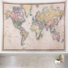 Loccor 5x4ft Vintage World Map Tapestry Original Veteran Color Map of the World 1860 Retro Globe Travel Wall Hanging Office Geography Poster Backdrop for Kids Adults Home Classroom Bedroom Living Room