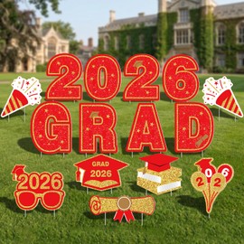 15 Pcs Large Graduation Yard Signs Class of 2026 Red and Gold, Congrats Grad Lawn Decorations with 28 Stakes for Outdoor Lawn, High School College Graduation Party Yard Decor (Red)