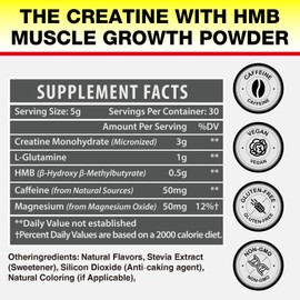 Creatine HMB, Creatine Powder for Men & Women, Micronized Creatine Monohydrate for Muscle Growth & Recovery and Increased Strength, Performance, Creatine HMB with Glutamine, Gluten Free, 30 Servings