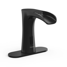 PRIMSOPH Waterfall Automatic Motion Sensor Hands Free Electronic Infrared Smart Commercial Touchless Bathroom Sink Faucet with Cover Plate Temperature Mixer Battery or Plug-in Powered Matte Black