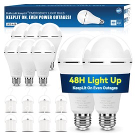 BoRccdit KeepLit 8PK Emergency Rechargeable Light Bulbs, 48H Battery Backup, 3 Brightness Levels, 12W 65W Equivalent A19 LED Bulbs Auto-On During Power Outage, for Hurricane, Emergency Use (Daylight)