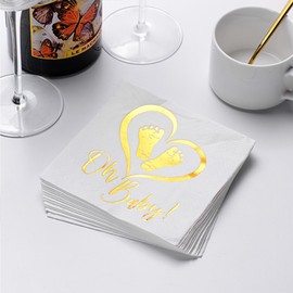 Baby Shower Napkins - 50 Pcs White Disposable Paper Luncheon Cocktail Napkins with Gold Foil "Oh Baby & Footprints" Folded 5"x5" for Baby Shower Party