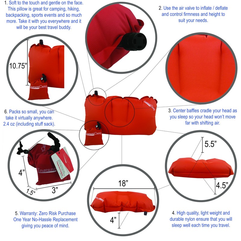 InstantCamp Ultra Light Inflatable Backpacking Travel Pillow - Compact, Ergonomic,