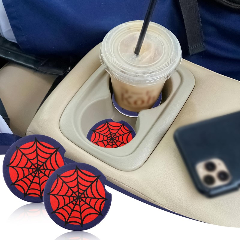 2pcs Red Spider Web Car Coasters, Non-Scratch Cork Base Cup