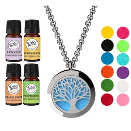 Wild Essentials Tree of Life Necklace Essential Oil Diffuser Kit With Lavender, Lemongrass, Peppermint, Orange Oils, 12 Refill Pads, Calming Aromatherapy Gift Set, Customizable Color Changing, Perfume