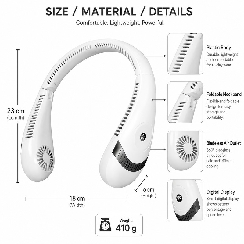 Portable Bladeless Neck Fan for Hands-Free Cooling – Foldable 3-Speed
