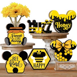 Uruney Spring Summer Tiered Tray Decor, Cute Bee Tray Decorations, Honey Bee Hive Bee Kind Buzz Wooden Signs, Farmhouse Rustic Spring Summer Decorations for Home Kitchen Table Shelf Mantel