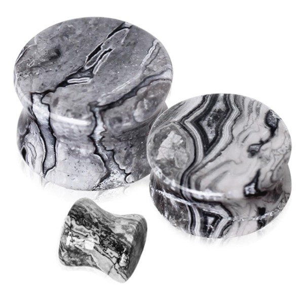 Pierced Owl Grey Wave Jasper Natural Stone Saddle Plugs, Sold