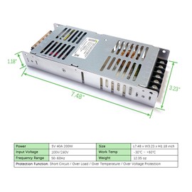 G-erengy JPS200V5-A Ultra Thin Power Supply Indoor AC to DC 5V40A 200W Power 110V/220V Low Voltage Power Converter Transformer for Led Display Screen LED Strip Pixel Led Lights