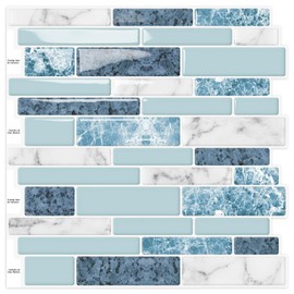 DEWOO Peel and Stick on Self Adhesive Backsplash Wall Marble Tiles Stickers 3D for Kitchen Bathroom,Spliced Blue (10-Sheet, 12"×12")