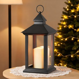 JOIONE Christmas Lanterns Decorative Indoor, 14" Battery-Powered Waterproof Black LED Candle Lanterns with Timer for Patio & Outdoor, Vintage Hanging Lantern for Xmas Home Decorations, Transparent