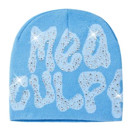 JUMISEE Men Women Letter Graphic Y2K Beanie Knitted Hats Bling Rhinestone Winter Warm Skull Cap Pullover Hat Light Blue
