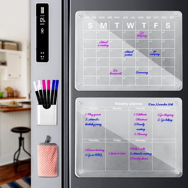 Magnetic Acrylic Calendar for Fridge, 2 Pcs Clear Dry Erase Board of Monthly & Weekly Refrigerator Reusable Planner Board, Includes 6 Markers 3 Colors/Magnetic Pen Holder/Towel