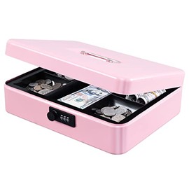 KYODOLED Metal Cash Box with Combination Lock Money Box for Cash Safe Metal Box with Money Tray for Security Lock Box 11.81"x 9.45"x 3.54" Pink X Large