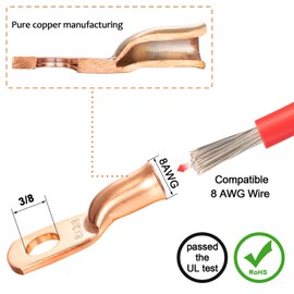 Maxdot 10 Pack UL Test Wire Lugs 8 Gauge Stud Ring Terminals Heavy Duty Copper Crimp Lugs Welding Cable Bare Copper Eyelet Lug with Heat Shrink Black, Red(8 AWG 3/8 Ring)