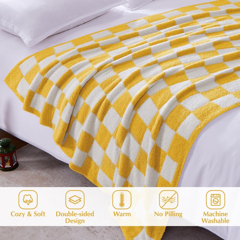 WRENSONGE Checkered Throw Blanket, Yellow Microfiber Soft Cozy Fluffy Warm