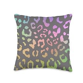 Trendy Cell Phone Accessories Design Co. Rainbow Ombre Leopard Design on Gray Black Cute Adorable Throw Pillow, 16x16, Multicolor