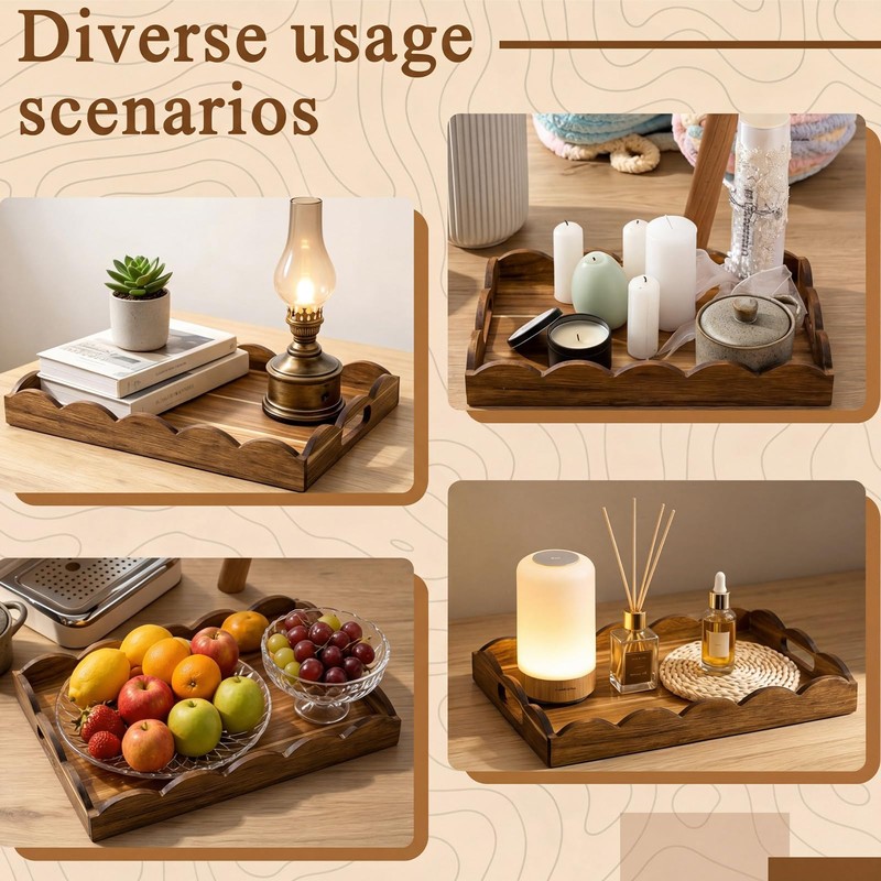 Sawysine 2 Pcs 2 Pcs Wooden Scalloped Tray with Handles