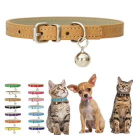 Khaki Puppy Collar with Bells Soft PU Leather Kitten Dog Collar Adjustable Buckle for XXS XS XS XS M Tiny Female Male Boys Girls Pets Small Cats