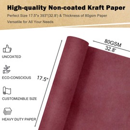RUSPEPA Wine Red Kraft Wrapping Paper Roll, 17.5"x 393"(32.8'), Recyclable Wine Red Gift Wrap Paper for Christmas Gift Wrapping, Table Covering, DIY Crafting, Mother's Day Bouquet Flower, 80GSM