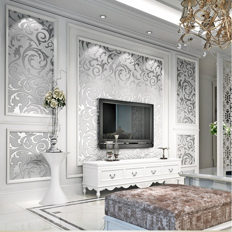 Q QIHANG Sliver Gray Victorian Damask Embossed Textured Non-Woven Material