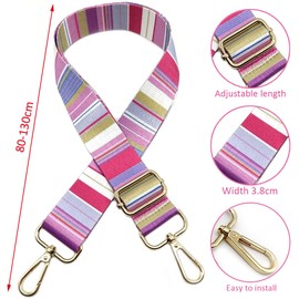 Adjustable Shoulder Strap Bag Colourful Striped Bag Straps for Changing, Bag Strap Wide with Carabiner Gold, 80-130 cm Carry Strap Bag for Women's Shoulder Bags, Modern Handbag, 3.8 cm, 608, 608