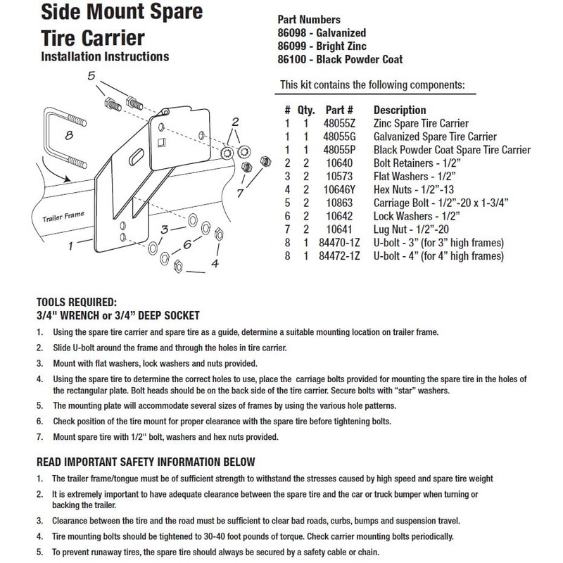Tie Down Spare Tire Carrier Mount - Mount for Boat/Utility