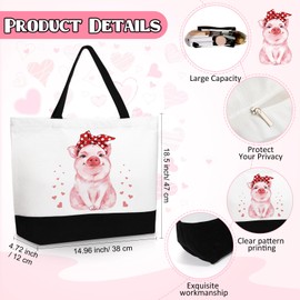 Dansydaisy 3 Pcs Pigs Lover Gift for Women Pink Pig Canvas Tote Bag Travel Cosmetic Bags Keychain Portable Makeup Zipper Pouch with Handle Funny Piggy Shopping Birthday Cna Week Gift for Nurse