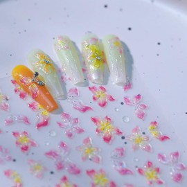 5D Embossed Nail Stickers Pink Flowers Nail Decals Spring Nail Art Stickers Self-Adhesive Shiny Hollow Floral Designs DIY Manicure Decoration Nail Art Supplies for Women Girls