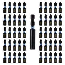 51 x Rennie Tools 25mm Long PZ2 Impact Screwdriver Driver Bits Set with Bit Holder. Heavy Duty PoziDriv POZI No.2 Screwdriver Bit Set. PZ2 Impact Driver Bits Pozidrive Screw Accessories