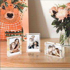JUOIFIP 3 Pack Magnet Acrylic Polaroid Picture Frame, 10+10 mm Thick Block, 2.5x3.5 Inch Freestanding Clear Mini Frames for Instant Photos, Wallet Size Magnetic Instax Frame for Tabletop Display