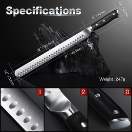 YFWOOD Slicing Carving Knife, 12 inch Brisket Knife for Meat Cutting, BBQ, Turkey – Razor Sharp High Carbon Stainless Steel Slicing Knives, Full Tang, Ergonomic Handle, Professional Chef's Knives