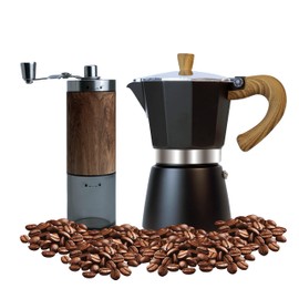 Moka Pot Espresso Coffee Maker and Manual Coffee Bean Grinder, 300ml-6 Cups Espresso Maker, Easy To Use And Clean, Camping Home Use,Suitable For Mocca Puccino Coffee (Black suit)