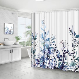 Shower Curtain Blue Flowers Shower Curtain Blue White Blue Flowers Plants Leaves Shower Curtain 90 x 180 cm Anti Mould with 8 Hooks