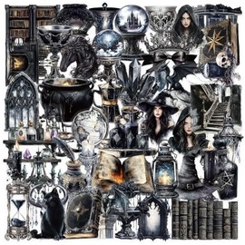 Transparent Cartoon Magic Stickers 50 Pcs Vinyl Cool Vintage Witches Sticker for Laptop Skateboard Scrapbook Water Bottle Car Luggage Computer,Waterproof Funny Magic Witch Sticker for Adults Teens