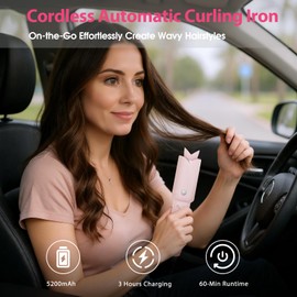 AraSyleon Cordless Curling Iron Automatic Hair Curler Rotating, Pink