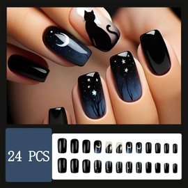 24Pcs Moon and Stars Press on Nails Medium Length Starry Sky Smudge Black Cat Blue Gradient Acrylic Full Cover Glossy Artificial Reusable False Nails for Women Girls Manicure Decorations 24Pcs