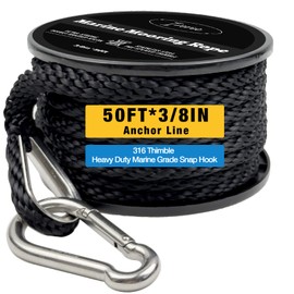 50 Feet Double Braided Nylon Boat Anchor Rope 3/8inch with 316 Stainless Steel Thimble and Heavy Duty Snap Hook Marine Grade Anchor line Black (Black, 50Feet)