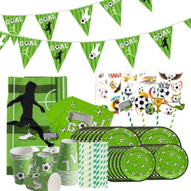 Easy Joy Set of 71 Football Birthday Decoration, Football Theme Party Tableware, 32 Paper Plates, 16 Paper Cups, 16 Straws, 5 Tattoo Stickers, Banner, Tablecloth for World Cup Party, Birthday, Boys,