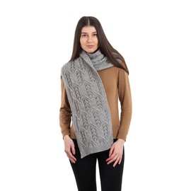 SAOL Aran Fisherman Leaf Scarf for Women, Irish Traditional Merino Wool Muffler Ladies Made in Ireland(Grey)