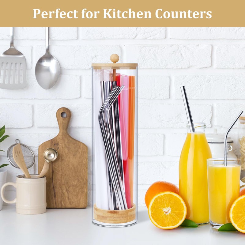 JYPS 13-Inch Acrylic Straw Dispenser with Bamboo Lid with 100