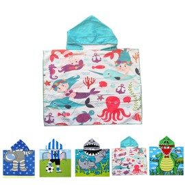 Kids Hooded Poncho Beach Towel - Fits 1-6 Year Old - Soft Absorbent for Beach Swim Pool - Quick Dry and Lightweight - Mermaid Sea Animals