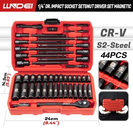 LLNDEI 1/4" Drive Socket set & Nut Driver Set 44PCS, 1/4-Inch Sockets Deep&Shallow Metric(4-15mm) with Ratchet, 1/4" Hex Shank 6" Long Nut Drivers(6-14mm) for Impact Drill Bits(PH1 PH2)