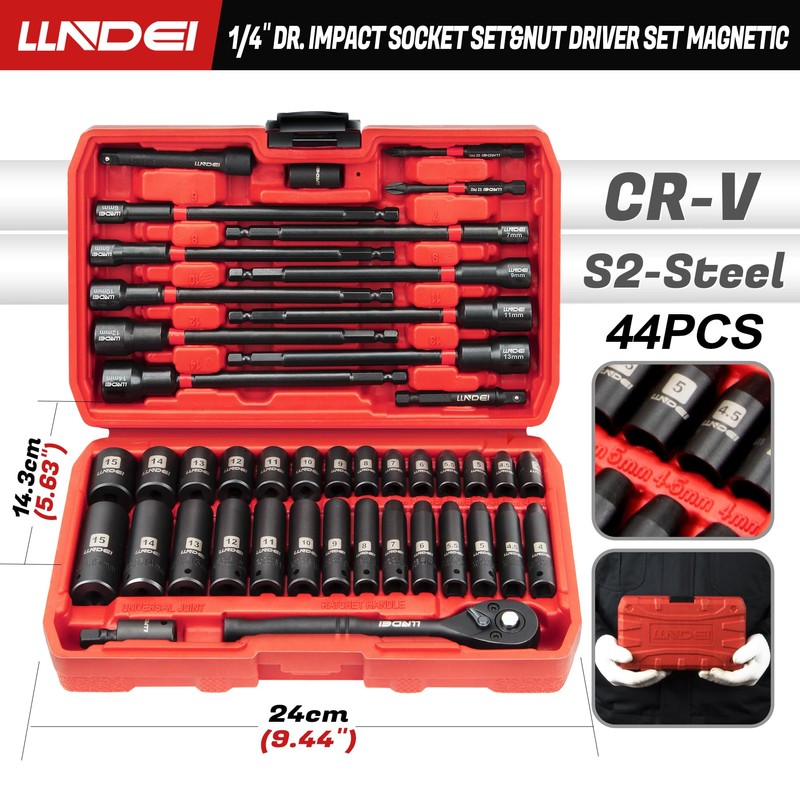 LLNDEI 1/4" Drive Socket set & Nut Driver Set 44PCS,