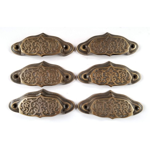 6 Ornate Apothecary Cabinet Drawer bin Cup Pull Handles VNTG. Style 3 1/2" #A4