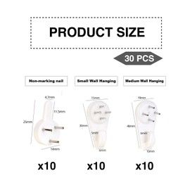 KGDUYC Pack of 30 Non-Marking Picture Hooks, Wall Picture Hooks, Picture Hooks, Wall Hooks for Hard and Drywall for Hanging Pictures, Frames - 3 Sizes